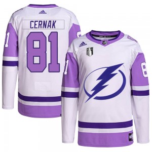 Erik Cernak Tampa Bay Lightning Youth Adidas Authentic White/Purple Hockey Fights Cancer Primegreen 2022 Stanley Cup Final Jerse