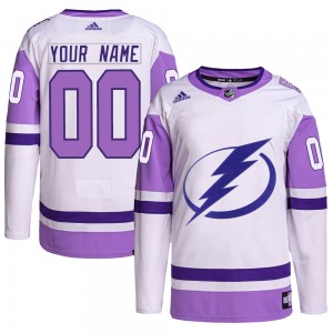 Custom Tampa Bay Lightning Men's Adidas Authentic White/Purple Hockey Fights Cancer Primegreen Jersey