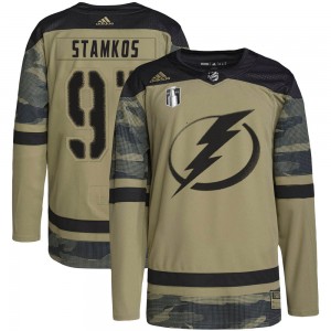 Steven Stamkos Tampa Bay Lightning Men's Adidas Authentic Camo Military Appreciation Practice 2022 Stanley Cup Final Jersey