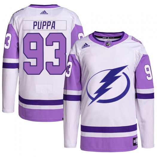 Daren Puppa Tampa Bay Lightning Youth Adidas Authentic White/Purple Hockey Fights Cancer Primegreen Jersey