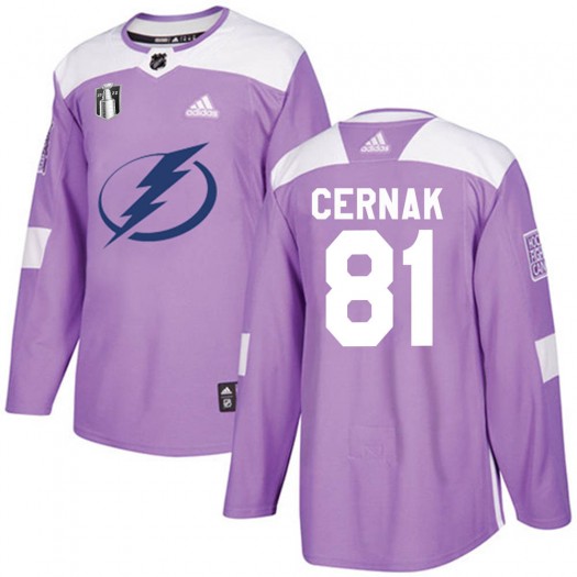 Erik Cernak Tampa Bay Lightning Men's Adidas Authentic Purple Fights Cancer Practice 2022 Stanley Cup Final Jersey